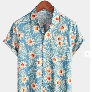 Men's Retro Beach Hawaiian Cotton Holiday Button Up Blue Short Sleeve Floral